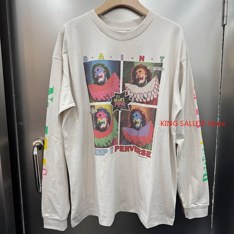 Gradient Color Letter SAINT Retro Washed Oversized T Shirt High Quality Japan Style Fashion Long Sleeve Tees