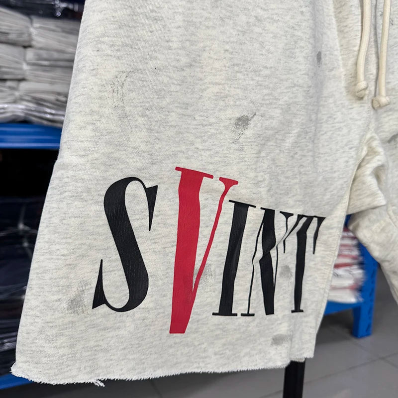 Washed Grey Saint V-shaped Pattern Summer Shorts Men Sport Fashion Terry Loose Streetwear