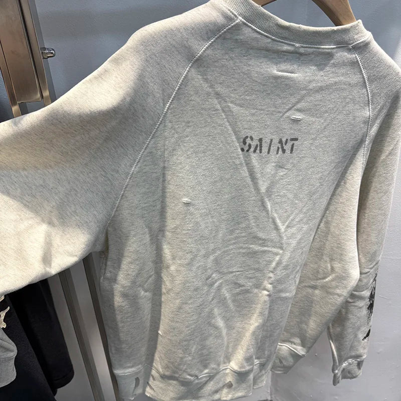 Loose Saint Hole Washed Graffiti Vintage Round Neck Sweatshirt Streetwear Men