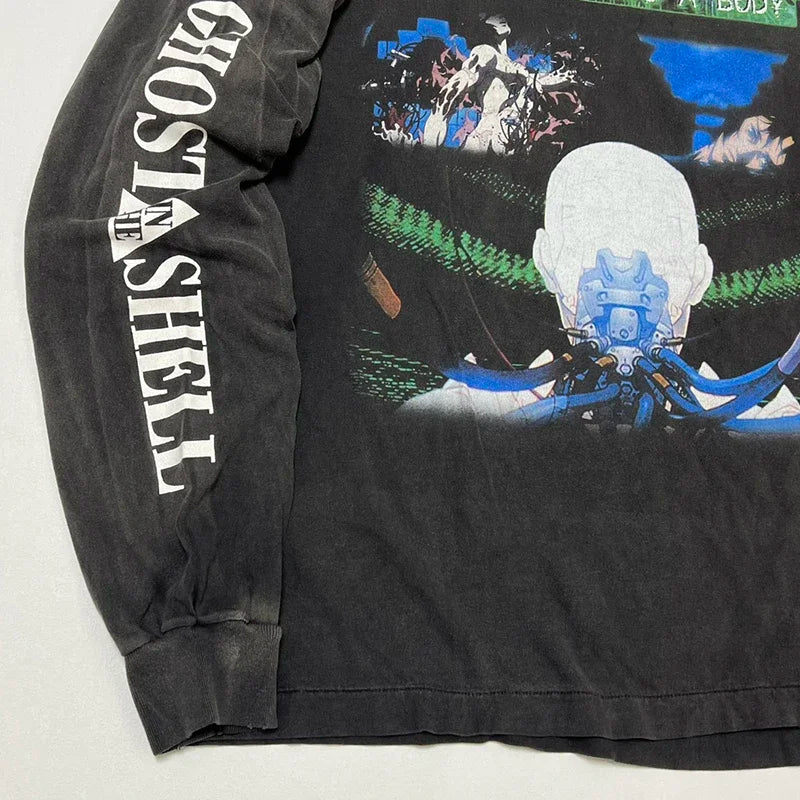 Washed Retro Saint High Quality Anime T Shirt Harajuku Fashion Cartoon Pattern Casual Men Women Long Sleeve