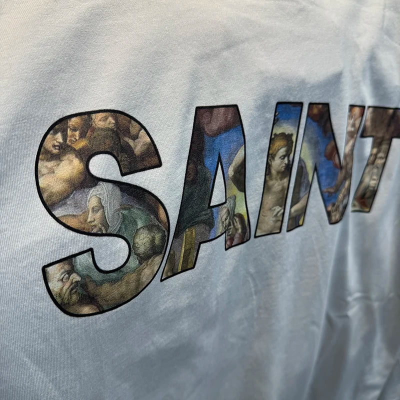 Gradient Color Letter SAINT Retro Washed Oversized T Shirt High Quality Japan Style Fashion Long Sleeve Tees