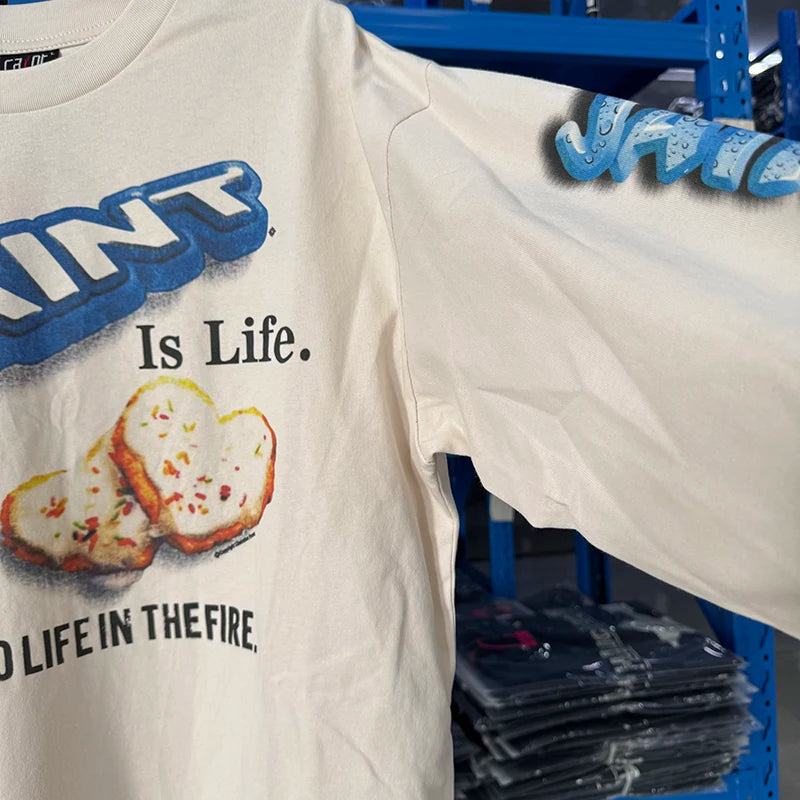 Fashion SAINT Loose Biscuit Print High Street Casual Men Women Vintage T Shirt Autumn and Winter Tops