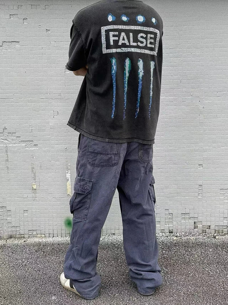 FALSE Crystal Series Vintage Blue Flame Oversized T Shirt High Quality Cotton Men Women 1:1 Fashion Short Sleeve Streetwear