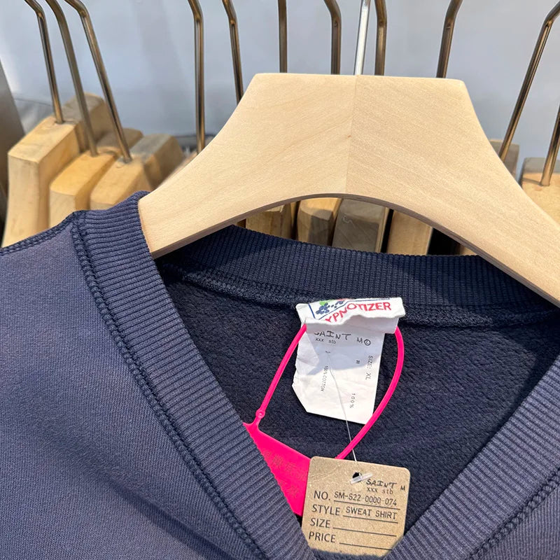 Retro Blue Sets Saint O-Neck Washed Simple Fashion Sweatshirt Loose Men