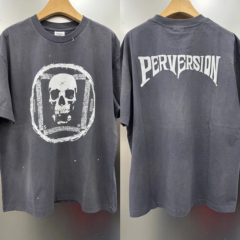 High Quality Saint X PERVERSION Distressed Cotton Loose Circular Skulls Graphic T Shirts Streetwear Men