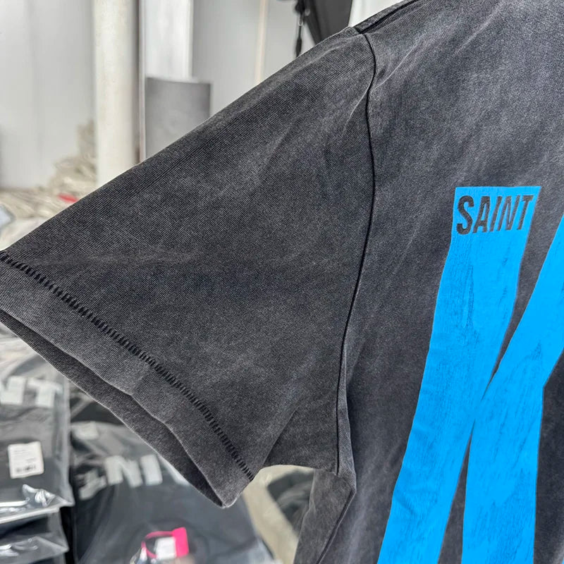 Blue Crack Print Saint Letter T Shirts for Men High Street Casual Washed Vintage Tees