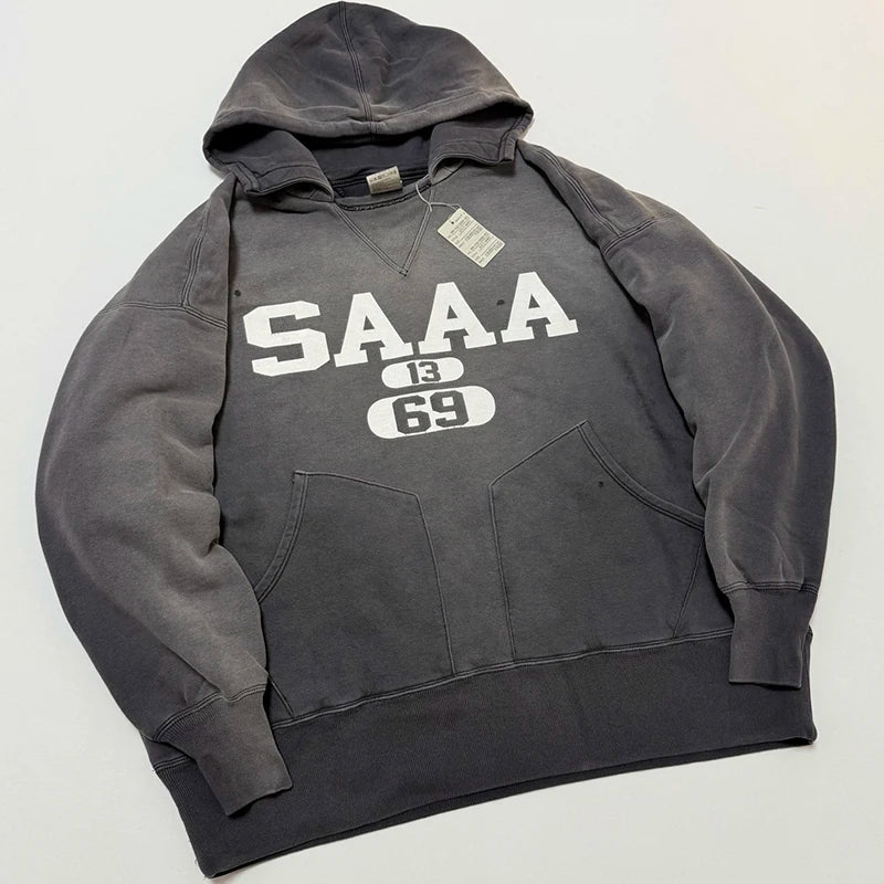 Washed Saint SAAA Letter Print American Retro Wide-waisted Hoodie Men High Street Casual Thick Large Pocket Sweatshirt