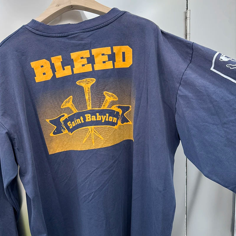 Autumn Retro Series Saint Three Inch Nail Blue Oversized T Shirt High Quality Cotton Men Women Fashion Long Sleeve Streetwear