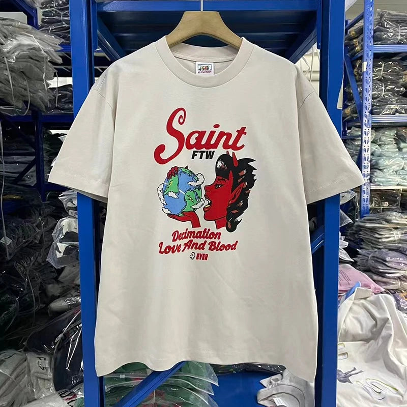 Vintage Summer Saint Crewneck Devil Printed T Shirt for Men Love and Blood High Street Short Sleeve
