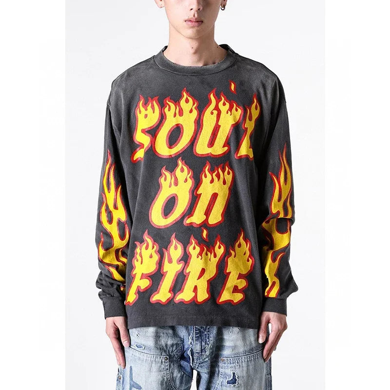 High Quality Saint Round Neck Soul Flame Vintage T Shirt Men Street Fashion Flame Word Long Sleeve