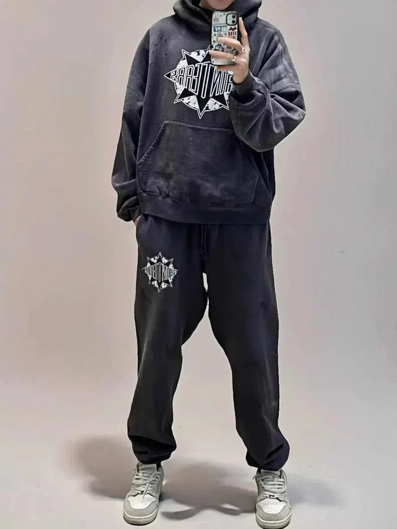 Winter Saint Tears High Quality Heavy Fabric Washed American Style Street Fashion Sets Loose Sports Pullover Hooded Men Ins