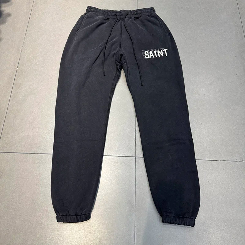 Retro Fashion Saint Letter Print Drawstring Loose Casual Pants Solid Color Knitted Sports Pants Men Clothing