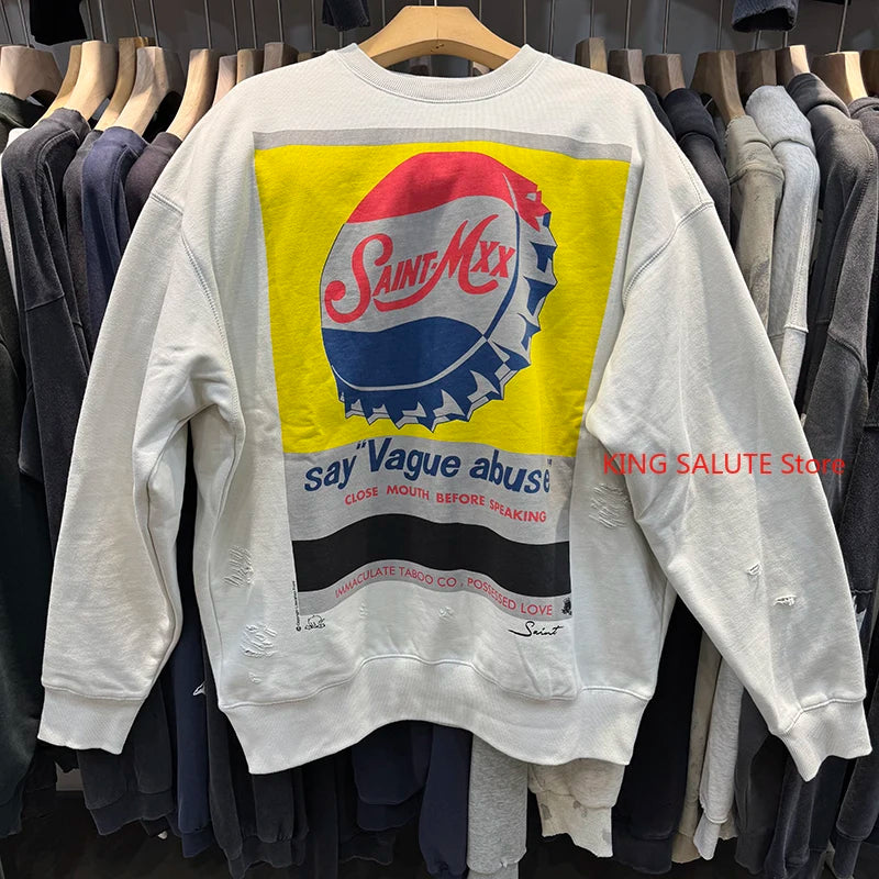 Beige Saint Crewneck for Men Bottle Cap Printed Sweatshirt Crack Retro Hole Winter Thick Trend Tops