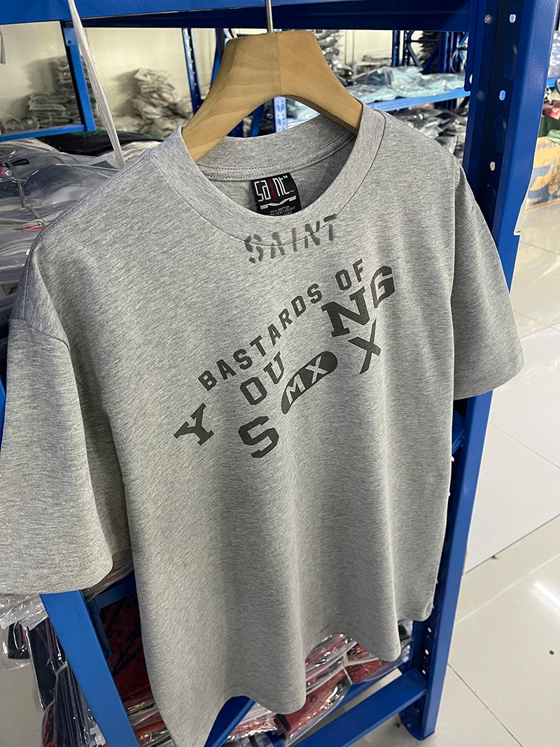 Washed Gray YOUNG Letter Print High Street Summer Saint T Shirts Men Popular Fashion