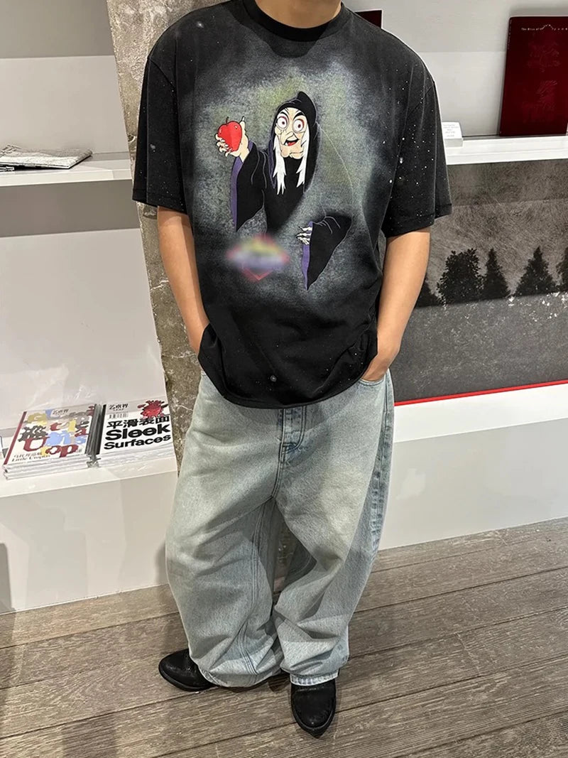 Street Fashion Splash-ink Round Neck Witch Graphic T Shirts Summer Pure Cotton Unisex Vintage Tees