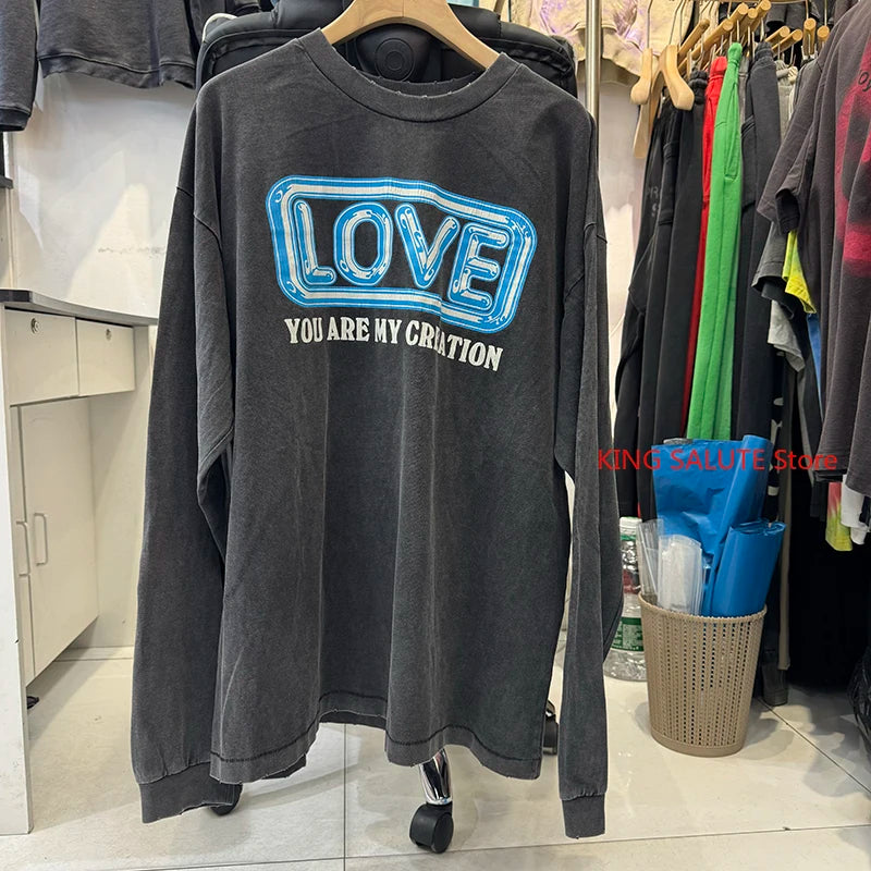 Washed Black SAINT TEMPEST Letter Vintage T Shirt High Street Casual Men Women Long Sleeve Harajuku