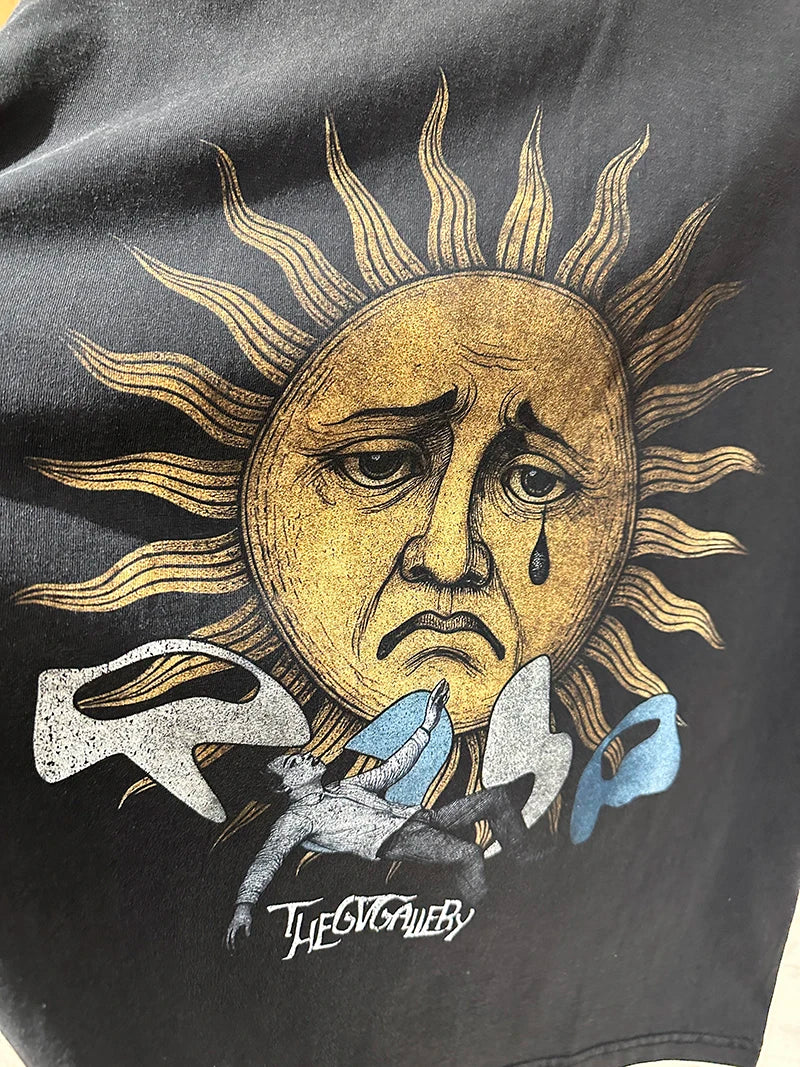 Vintage Bieber Sun Print Hip Hop Graphic T Shirts High Street Casual Cotton Men Summer Tee