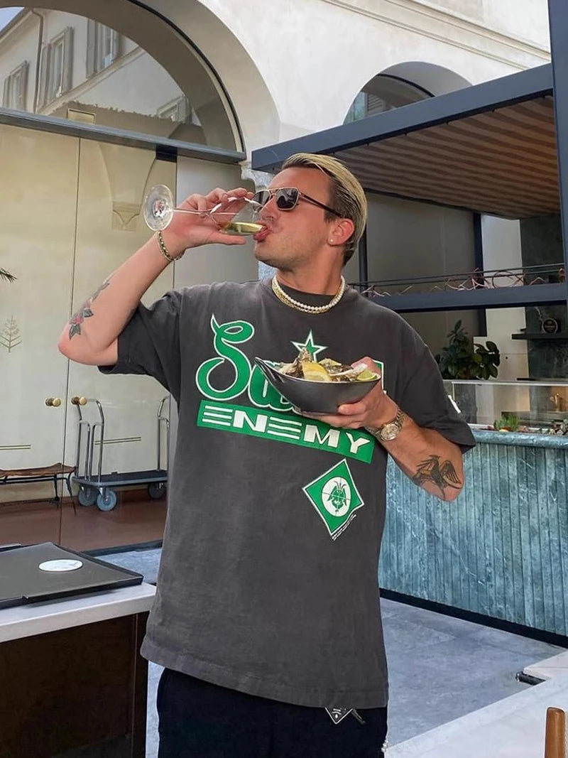 Street Fashion Saint Round Neck Retro Crack Letter Logo Green Printed Short Sleeve American Style Men T Shirt