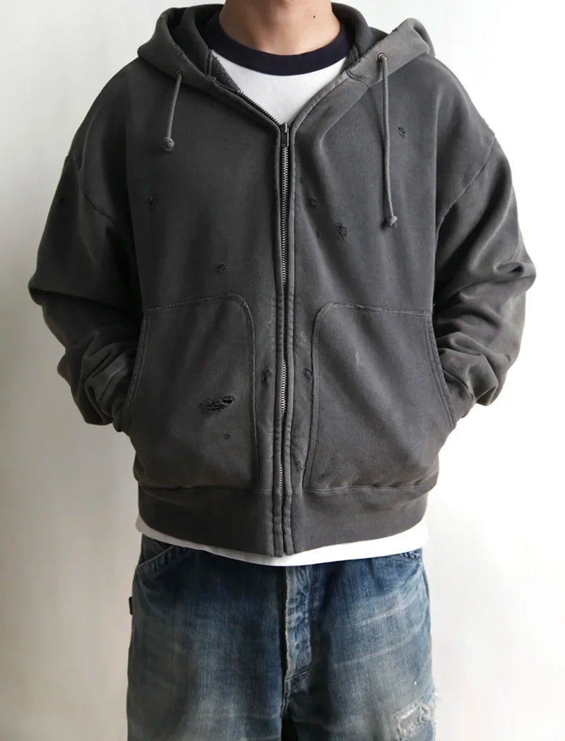 Zipper Series Saint Solid Color Hoodie Hole Distressed Washed Winter Fashion Cardigan