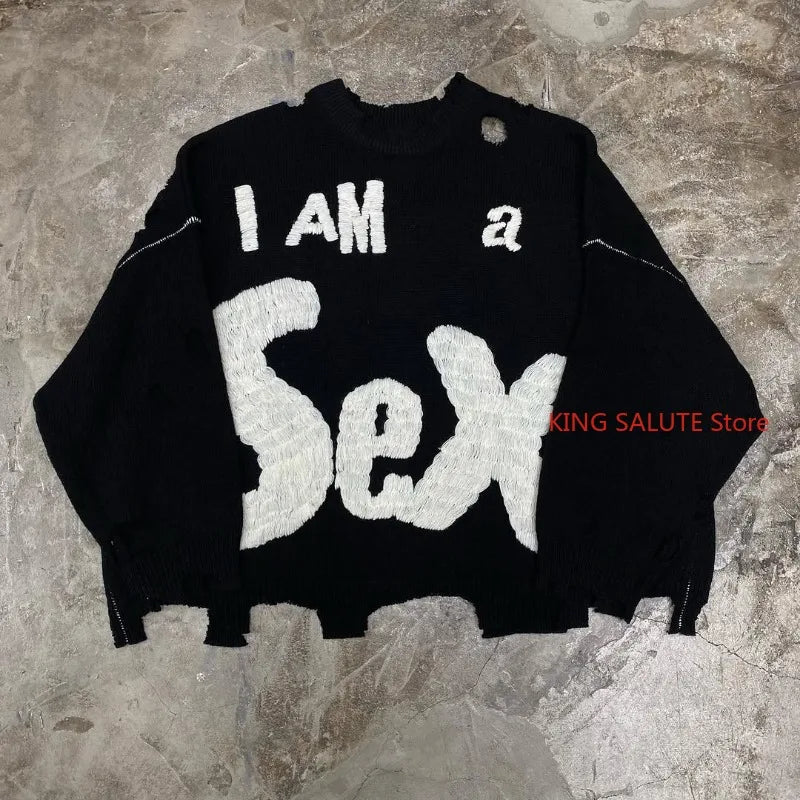 Winter Wool Saint Round Neck Needle Embroidery Letters Ripped Style Street Fashion Men Women 1:1 Harajuku Sweater