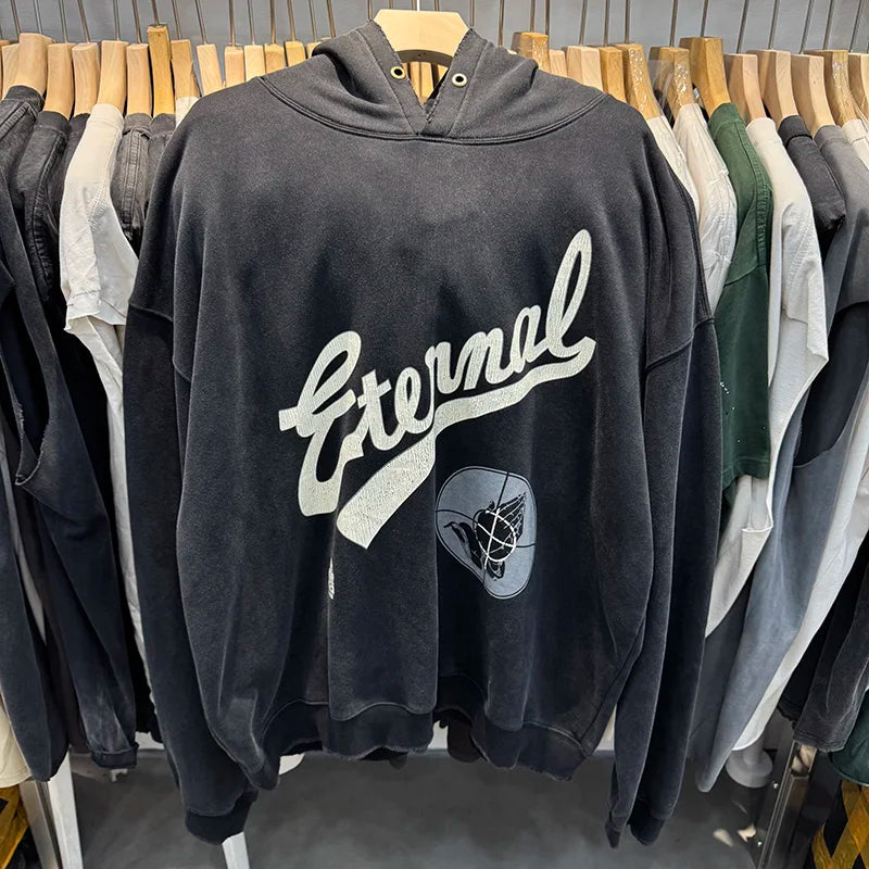 Street Fashion Saint High Quality Autumn Winter Thick Gesture Pattern Hoodie Men Vintage Distressed Ripped Pullover