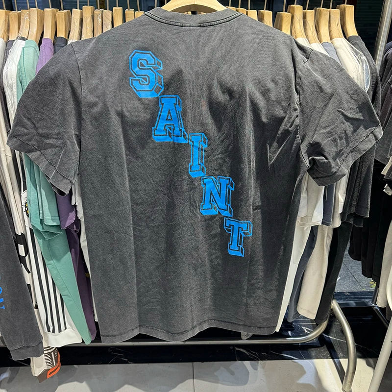 Vintage Washed Saint Blue Angel Oversized T Shirt Summer Cotton Cartoon Short Sleeve Fashion Men Women 1:1 Streetwear