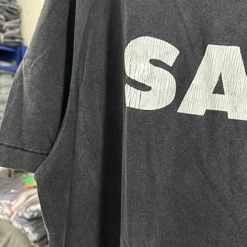 Casual Style Saint Classic Logo Oversized T Shirt High Quality Washed Black Men Vintage Tee