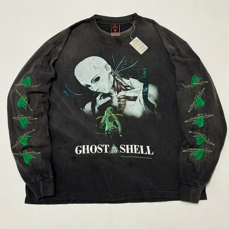 High Quality Saint Round Neck Soul Flame Vintage T Shirt Men Street Fashion Flame Word Long Sleeve