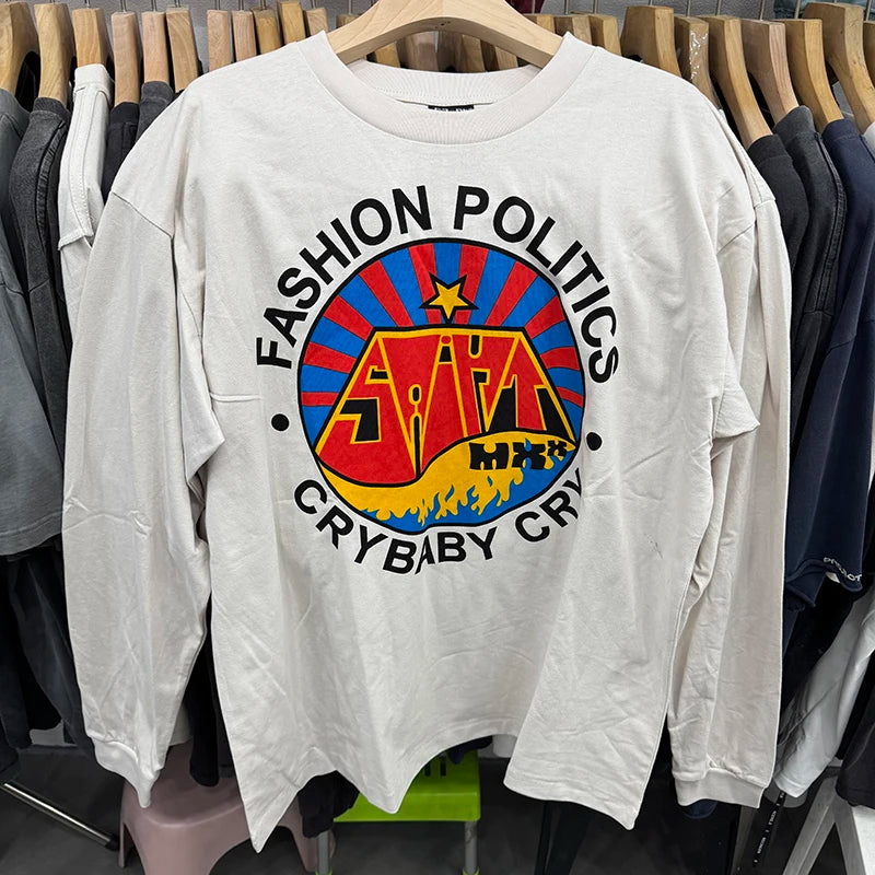 Washed White Saint Fashion Red Circular Printed Autumn Pure Cotton Long Sleeve Mens T Shirts