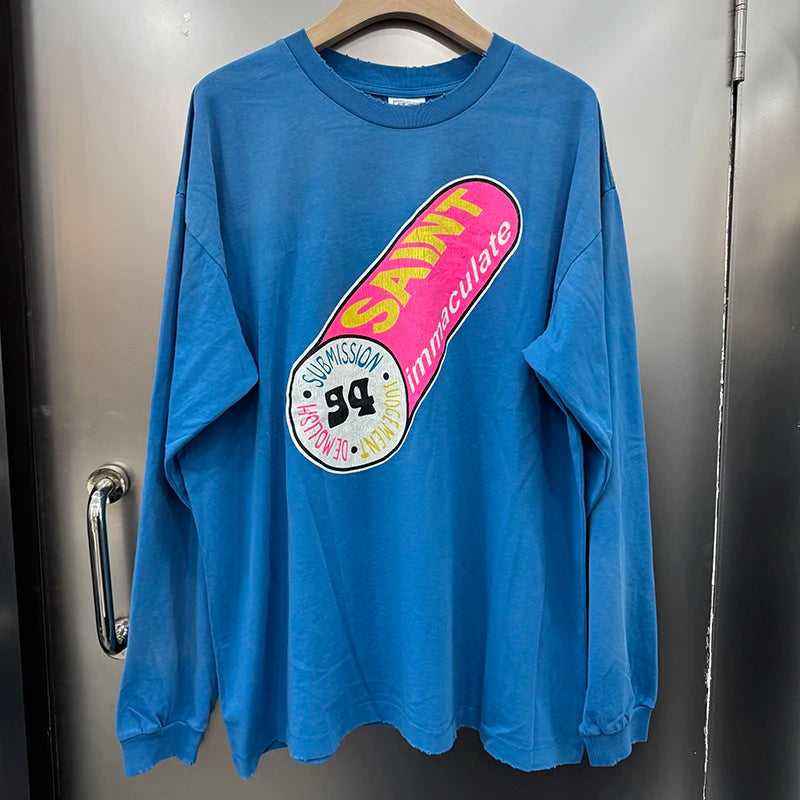 Autumn Winter Long Sleeve Saint Series Vintage Trend Sky Blue T Shirt High Street Casual Men Women Distressed Tops