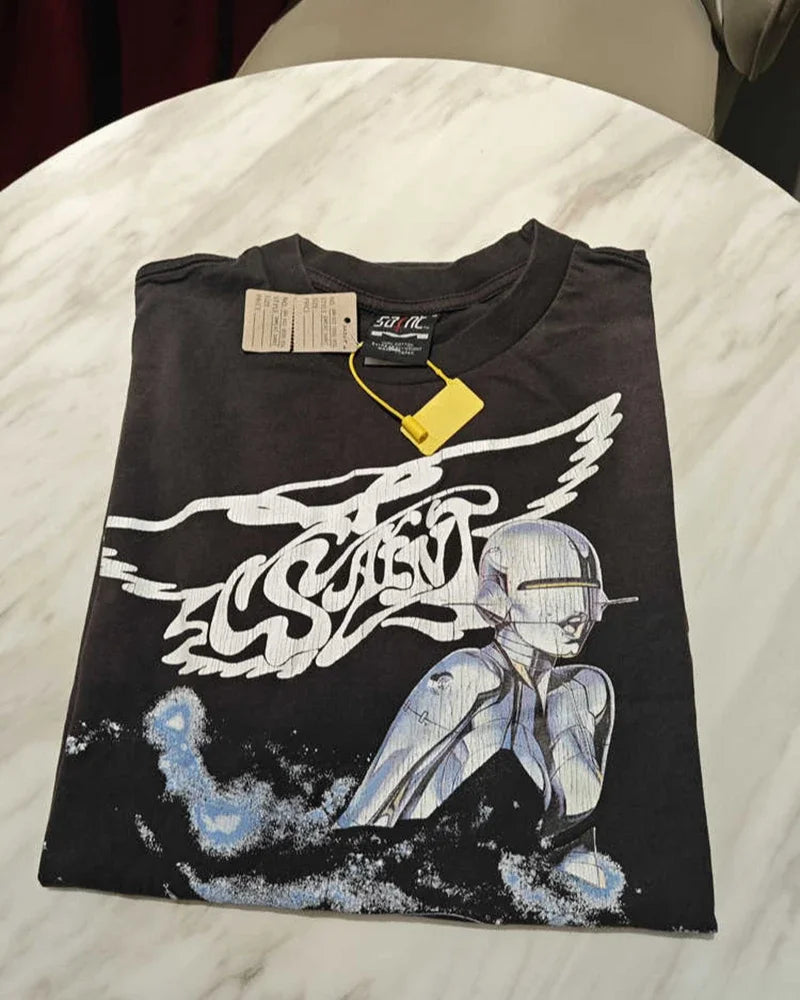 Vintage Series Saint Round Neck Sexy Robot Printed Casual High Quality Oversized T Shirt Harajuku Streetwear Men