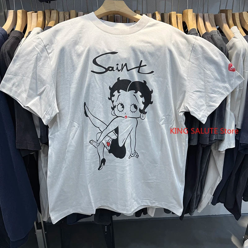 Retro White Saint Cartoon Girl Doll Graphic T Shirts Summer Washed 100% Cotton High Street Casual Trend Tees