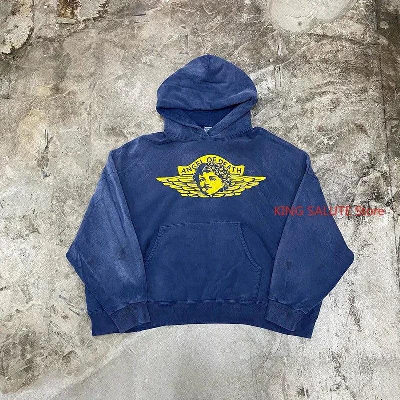 Winter Heavyweight Saint Angel Pattern Printing Blue Sports Pants High Street Casual Men Women 1:1 Fashion Sets Top Quality