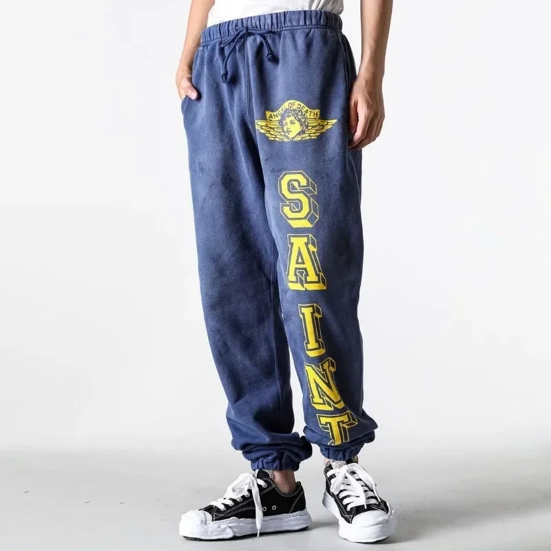 Winter Heavyweight Saint Angel Pattern Printing Blue Sports Pants High Street Casual Men Women 1:1 Fashion Sets Top Quality