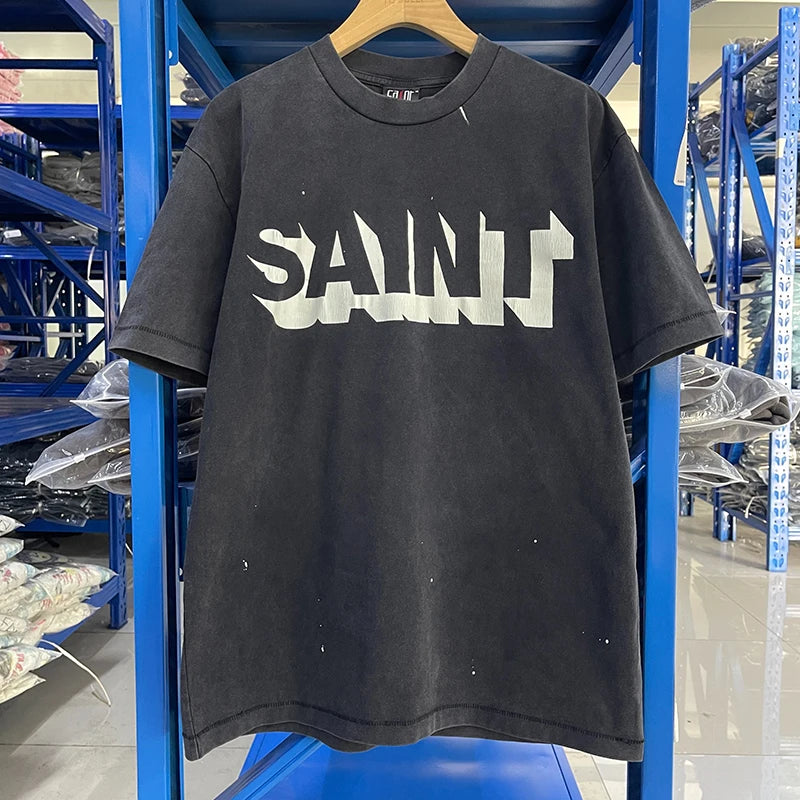 Vintage Washed Saint Blue Angel Oversized T Shirt Summer Cotton Cartoon Short Sleeve Fashion Men Women 1:1 Streetwear