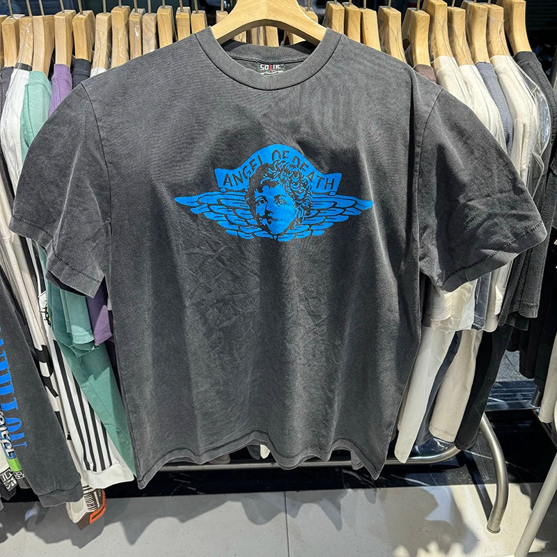 Vintage Washed Saint Blue Angel Oversized T Shirt Summer Cotton Cartoon Short Sleeve Fashion Men Women 1:1 Streetwear
