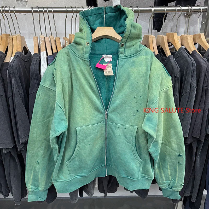 Retro Green Saint American Style Hole Men Women Hoodies Casual Fashion Zipper Winter Coat