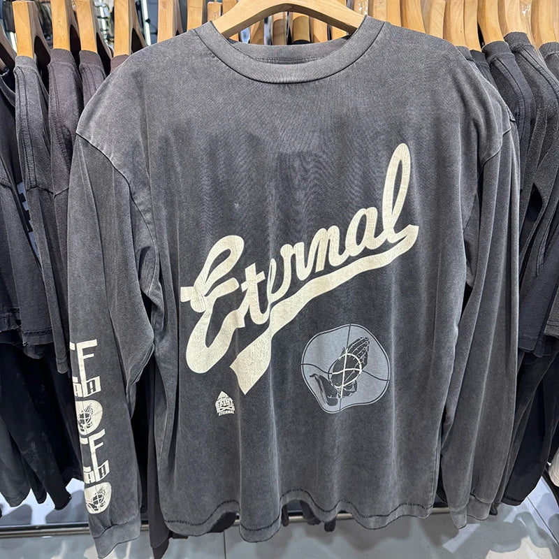 Vintage Saint Prayer Printed Graphic T Shirts High Street Casual Men Women Loose Fashion Long Sleeve