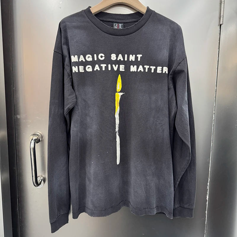 Autumn Winter Long Sleeve Saint Series Vintage Trend Sky Blue T Shirt High Street Casual Men Women Distressed Tops