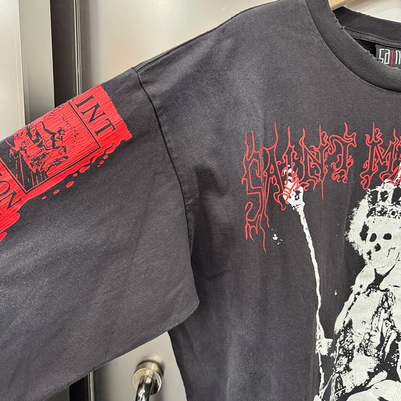 High Quality Saint O-Neck American Retro Skeleton King Graphic T Shirts Autumn Cotton Washed Trendy Long Sleeve Tops