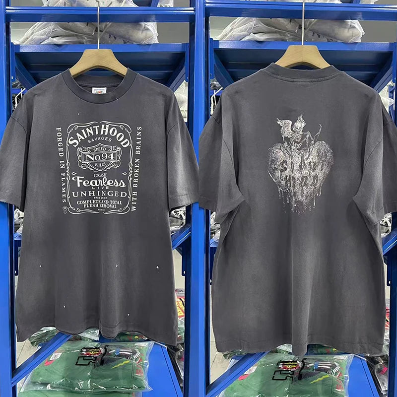 Street Fashion Saint Cotton Summer Plain Knit American Retro Short Sleeve Heart-shaped Print Skeleton T Shirts