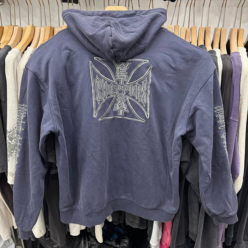 Street Fashion West Coast Letter Embroidery American Style Casual Vintage Purple Blue Hoodie Washed Thicken Zipper Coat Men