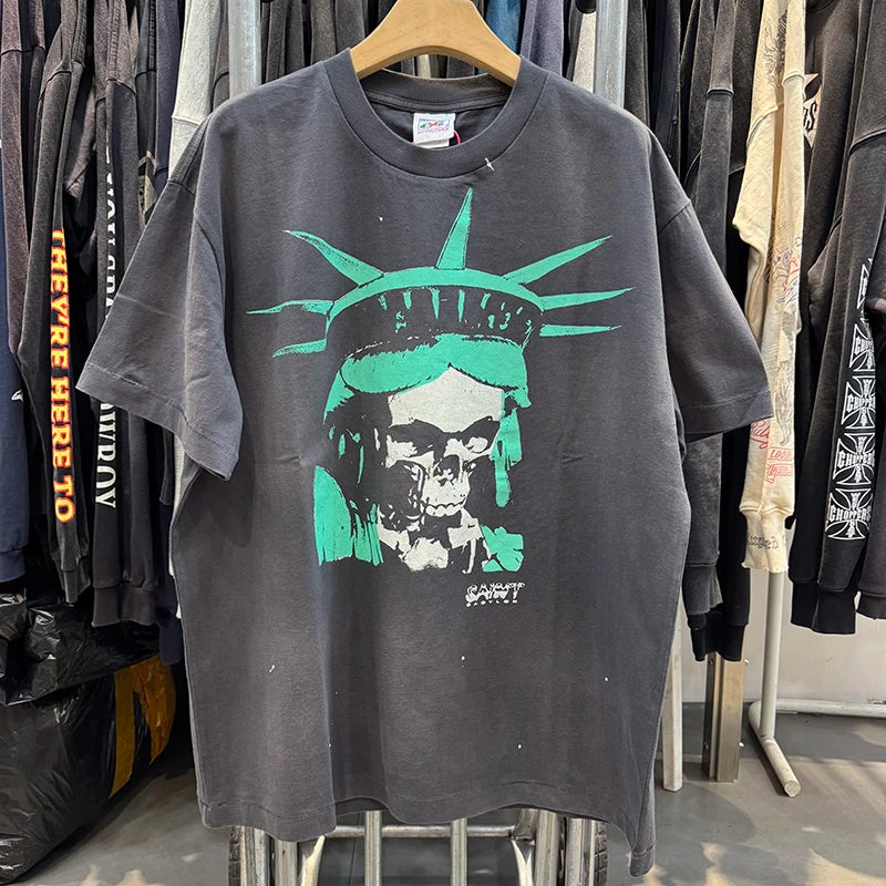 Good Quality Washed Liberty Skulls Print Saint Men T Shirt American Retro High Street Casual Fashion Short Sleeve