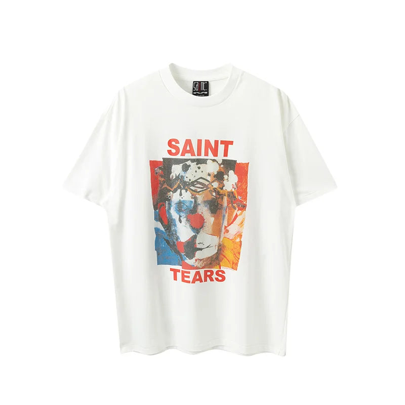 White Series Saint Portrait Letter Pattern Printed Short Sleeve American Casual Loose Men Women 1:1 Pure Cotton T-shirt