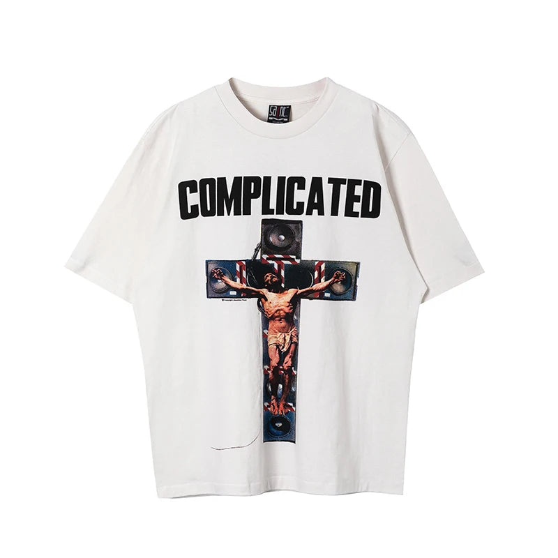 Loose Short Sleeve Saint Round Neck Money Printed T-shirt Men Streetwear