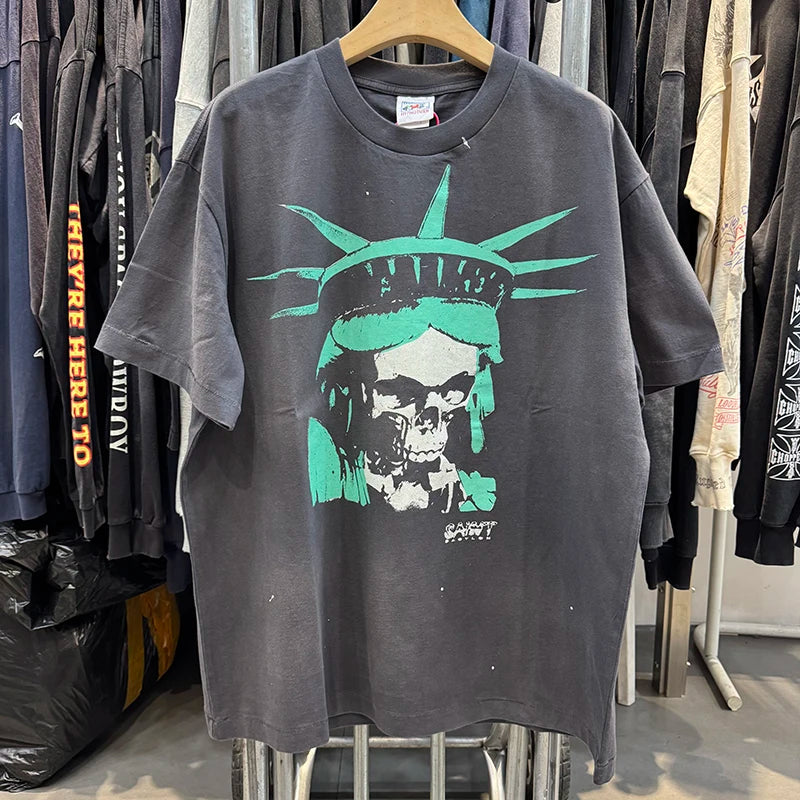Good Quality Washed Liberty Skulls Print Saint Men T Shirt American Retro High Street Casual Fashion Short Sleeve