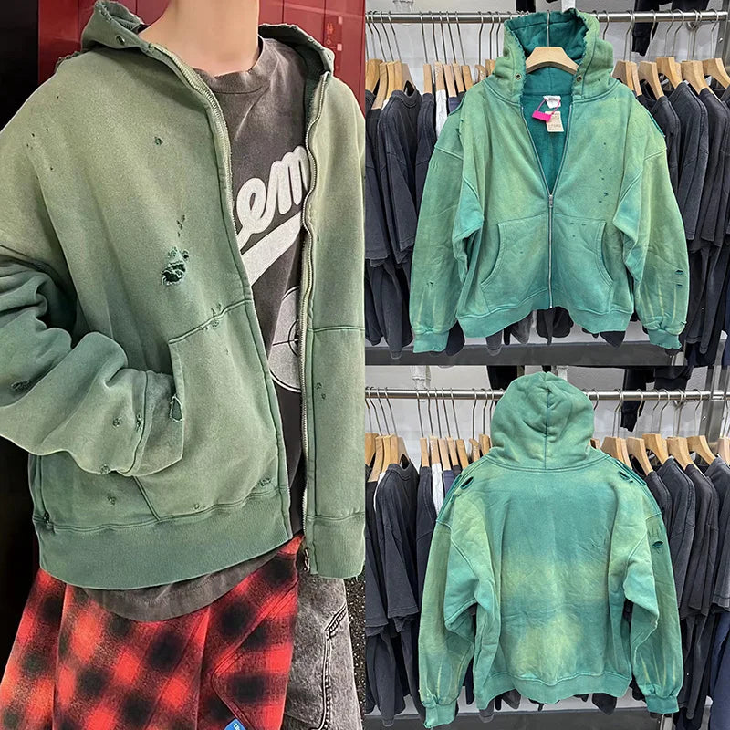Retro Green Saint American Style Hole Men Women Hoodies Casual Fashion Zipper Winter Coat