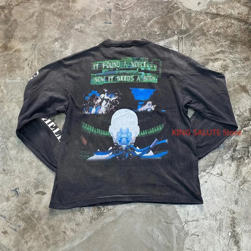 Washed Retro Saint High Quality Anime T Shirt Harajuku Fashion Cartoon Pattern Casual Men Women Long Sleeve