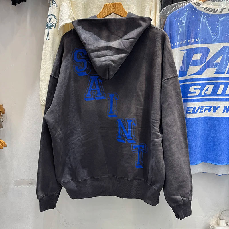 Vintage Washed SAINT Blue Angel Rebirth Hoodies Top Quality Crack Print Thick Sweatshirt Streetwear Men