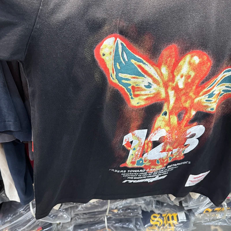 26ss RRR123 Round Neck CVA Wing Print Graphic T Shirts Trend Casual Washed Retro Short Sleeve